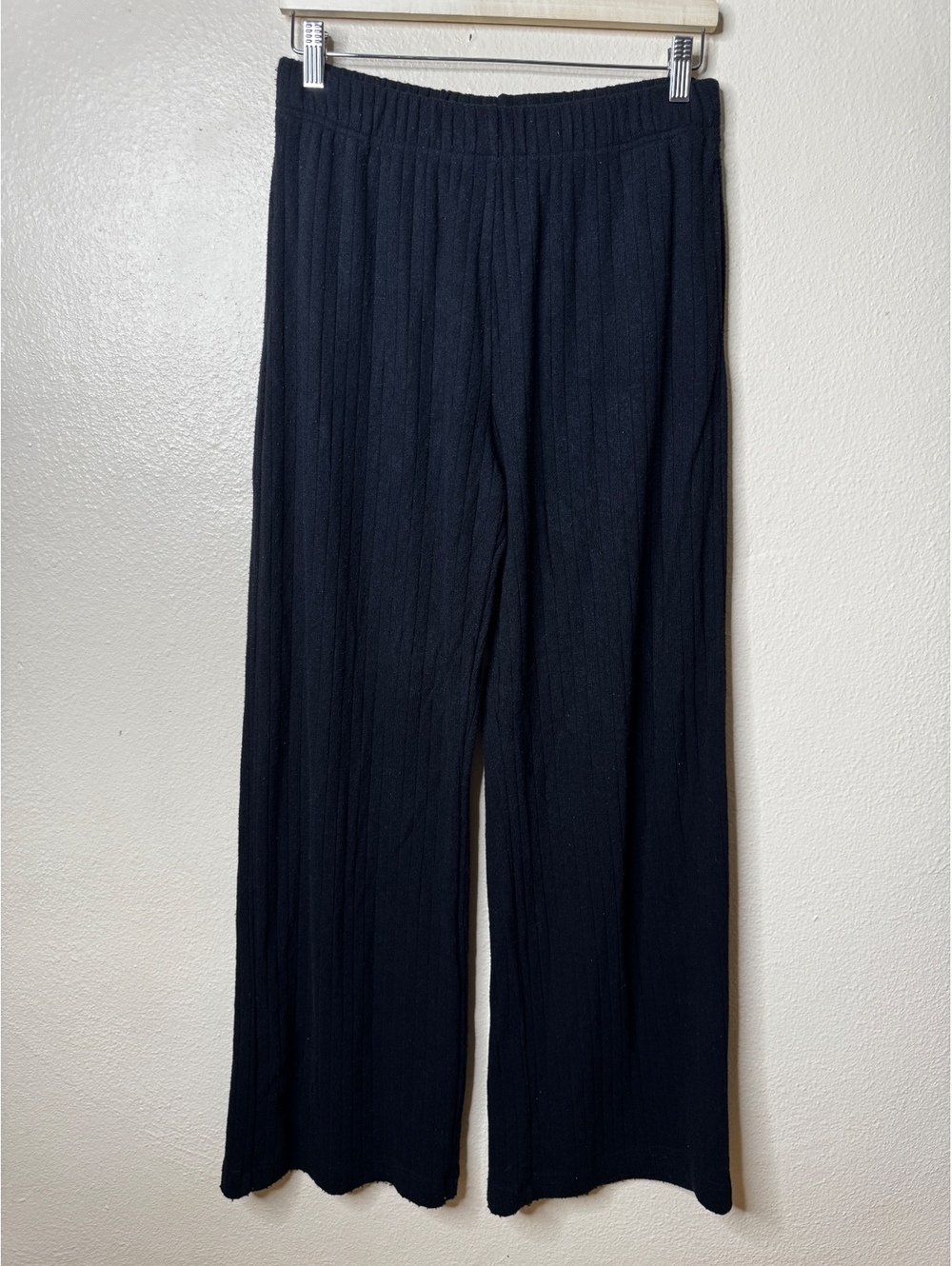 White Fox Womens M Black Ribbed Knit Wide Leg Pull On Lounge Pants